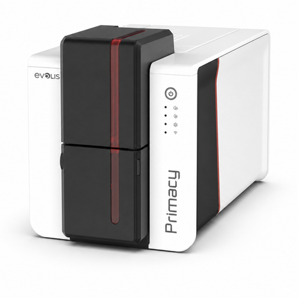 Evolis Primacy 2 desktop ID card printer with sleek white and black design for card printing