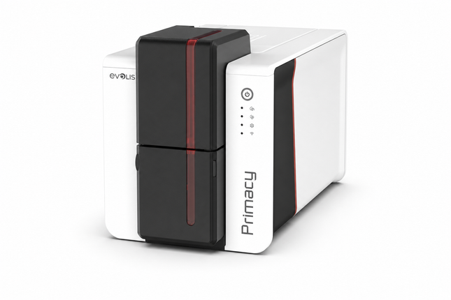 Evolis Primacy 2 desktop ID card printer with sleek white and black design for card printing
