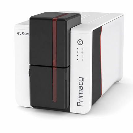 Evolis Primacy 2 desktop ID card printer with sleek white and black design for card printing