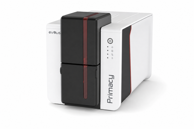 Evolis Primacy 2 desktop ID card printer with sleek white and black design for card printing