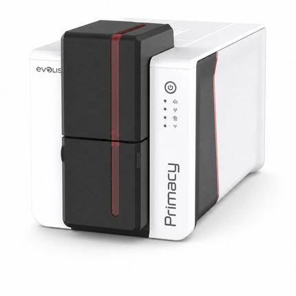 Evolis Primacy 2 desktop ID card printer with sleek white and black design for card printing