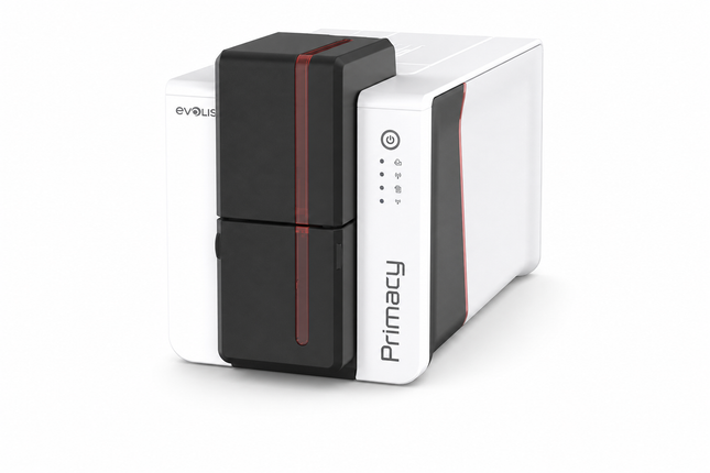 Evolis Primacy 2 desktop ID card printer with sleek white and black design for card printing