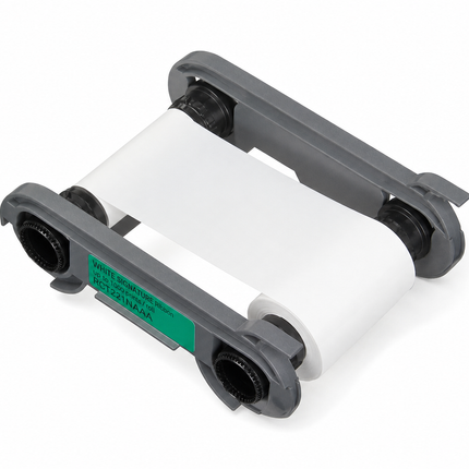 White printer ribbon cartridge for ID card printers on a plain background