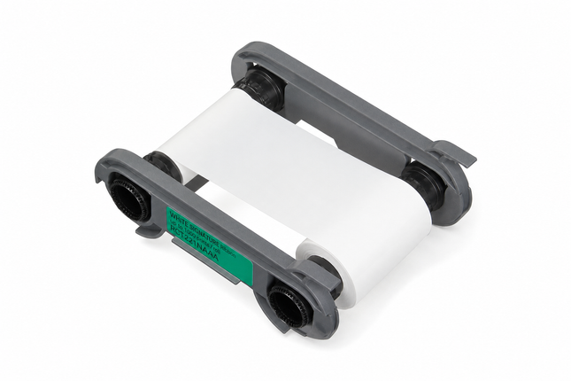 White printer ribbon cartridge for ID card printers on a plain background