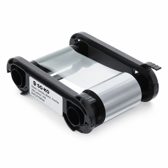 Clear printer ribbon cartridge for ID card printing, black plastic spool, product photo