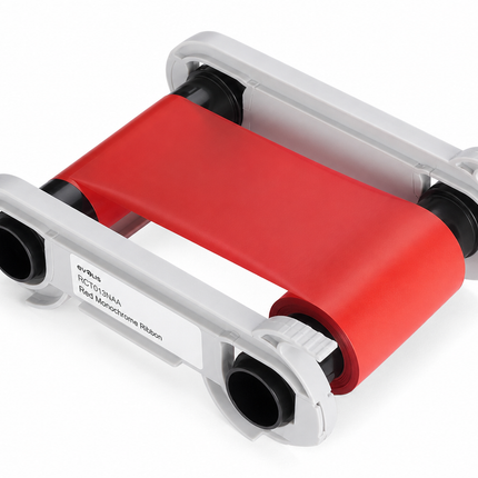 Red monochrome ribbon cartridge for Evolis ID card printers, isolated on white background