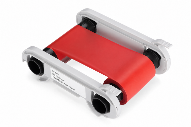 Red monochrome ribbon cartridge for Evolis ID card printers, isolated on white background