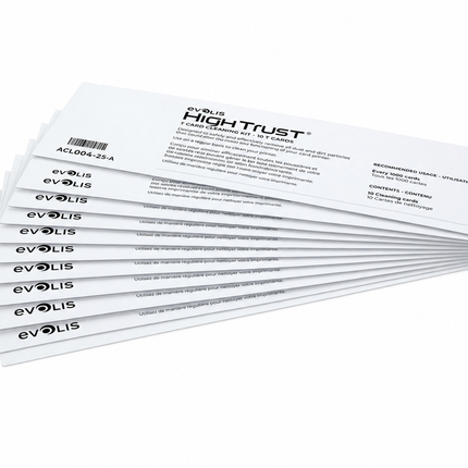 Stack of Evolis High Trust printer cleaning cards for ID card printer maintenance