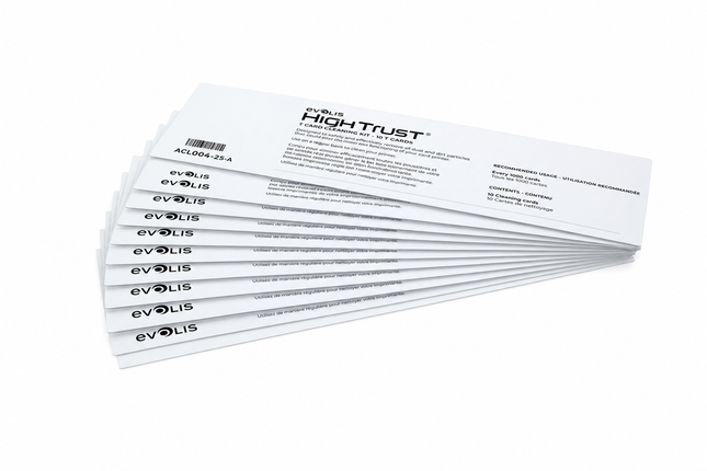 Stack of Evolis High Trust printer cleaning cards for ID card printer maintenance