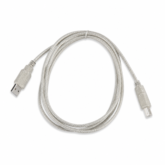 USB cable for Evolis printer, clear with standard connectors, coiled on white background
