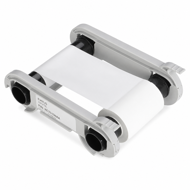 White monochrome printer ribbon cartridge for ID card printers on white background