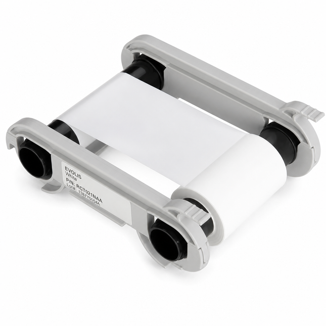White monochrome printer ribbon cartridge for ID card printers, shown on white background