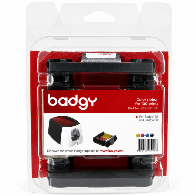 Color ribbon cartridge for ID card printers, packaged for 100 prints, visible printer icons.