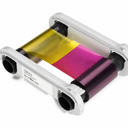 YMCKO color ribbon cartridge for card printers, exposed film with visible color panels