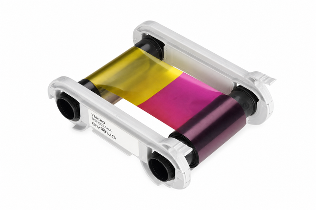 YMCKO color ribbon cartridge for card printers, exposed film with visible color panels