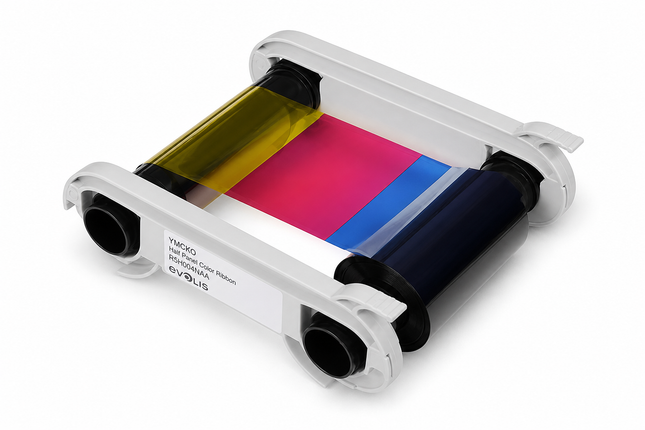 Half-panel YMCKO-KO color ribbon cartridge for ID card printers on white background
