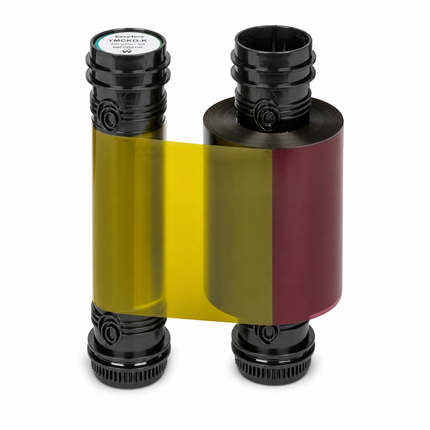 YMCKO color ribbon for ID card printers showing yellow and magenta film on black spools
