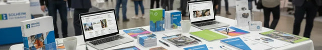 Trade show booth with laptops, printed brochures, business cards, and branded marketing materials.