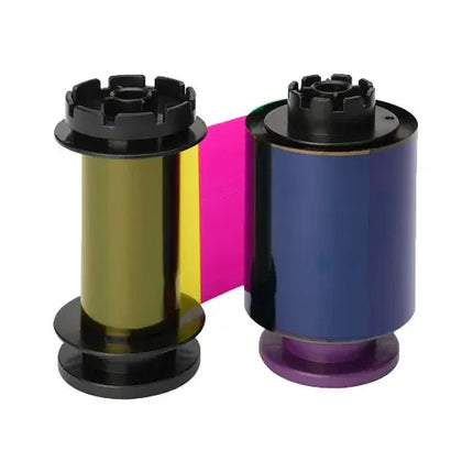 Evolis printer ribbon cartridge for ID card printing, showing yellow, magenta, and blue panels
