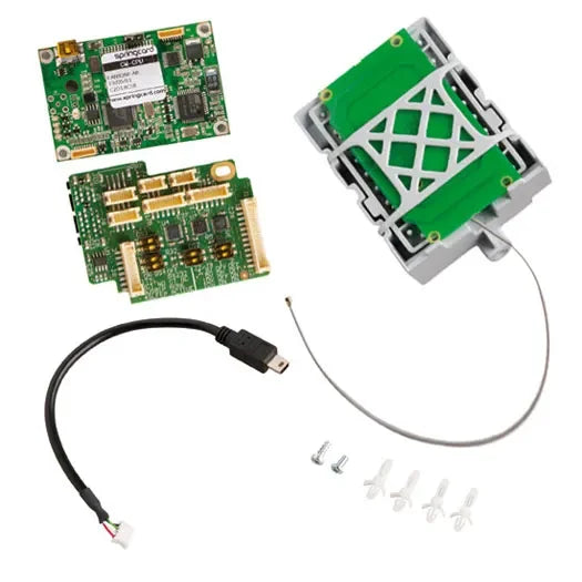Evolis printer encoder upgrade kit with circuit boards, cable, screws, and components.
