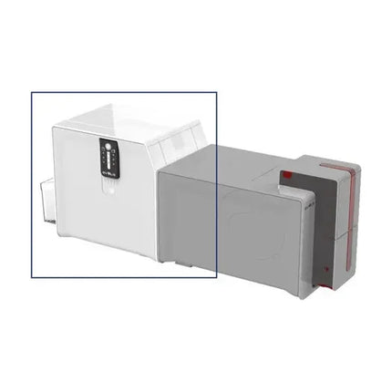 Evolis card printer module accessory for ID card printing, shown in white and grey.