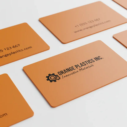 Opaque orange plastic business cards with black text on white background