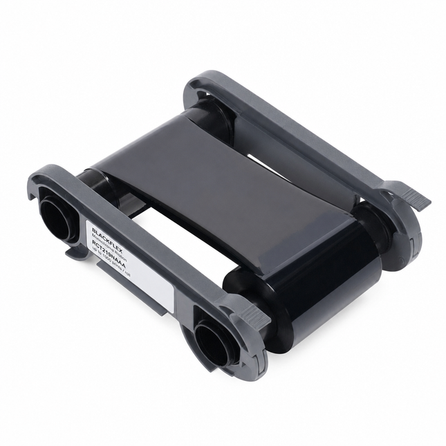 Black printer ribbon cartridge for ID card printers on white background