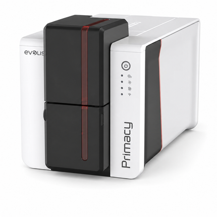 Evolis Primacy 2 desktop ID card printer with sleek white and black design for card printing