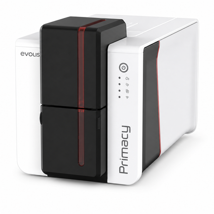 Evolis Primacy 2 desktop ID card printer with sleek white and black design for card printing