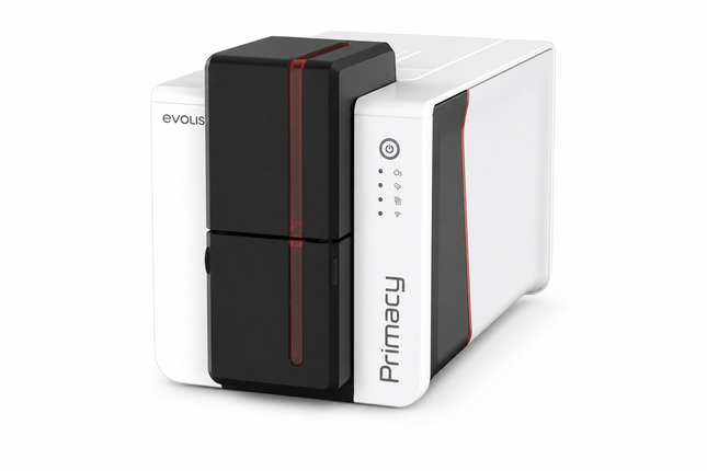 Evolis Primacy 2 desktop ID card printer with sleek white and black design for card printing