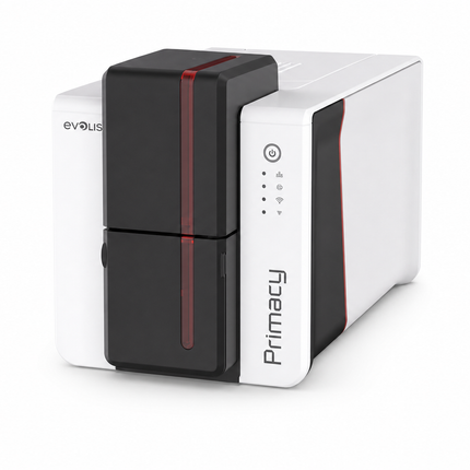 Evolis Primacy 2 desktop ID card printer with sleek white and black design for card printing