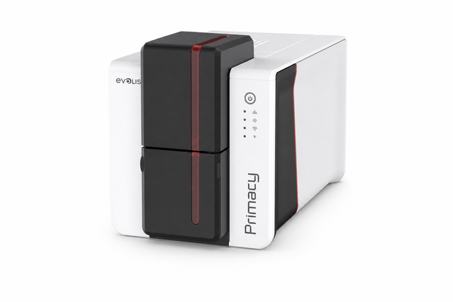 Evolis Primacy 2 desktop ID card printer with sleek white and black design for card printing