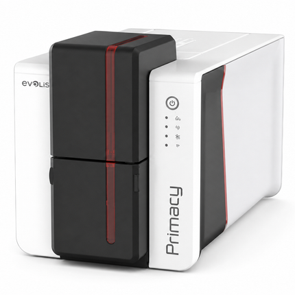 Evolis Primacy 2 desktop ID card printer with sleek white and black design for card printing