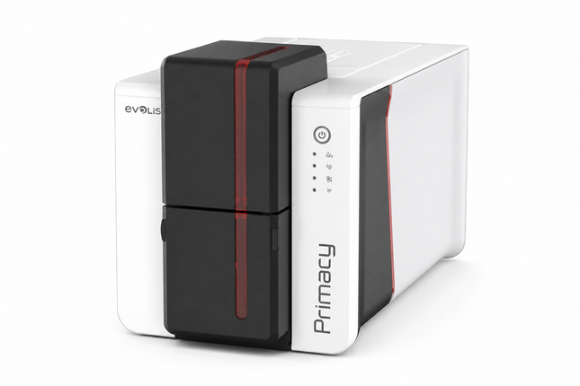 Evolis Primacy 2 desktop ID card printer with sleek white and black design for card printing