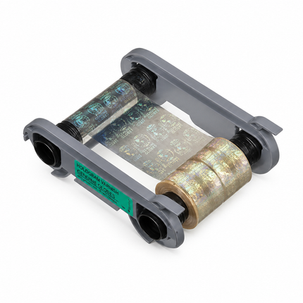 Hologram varnish ribbon for ID card printer, clear film with security patterns on cartridge.