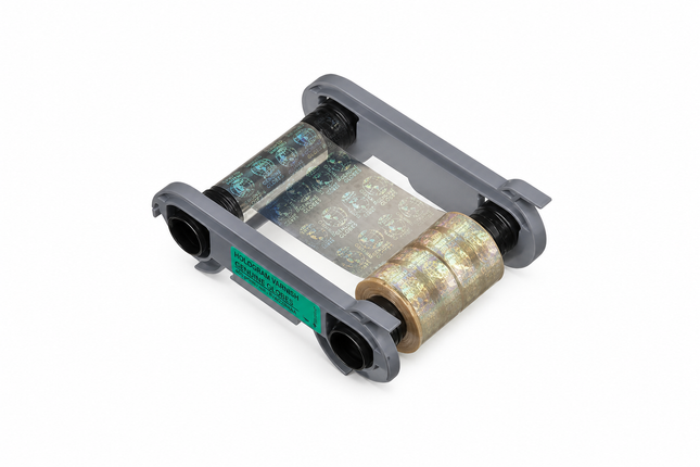 Hologram varnish ribbon for ID card printer, clear film with security patterns on cartridge.