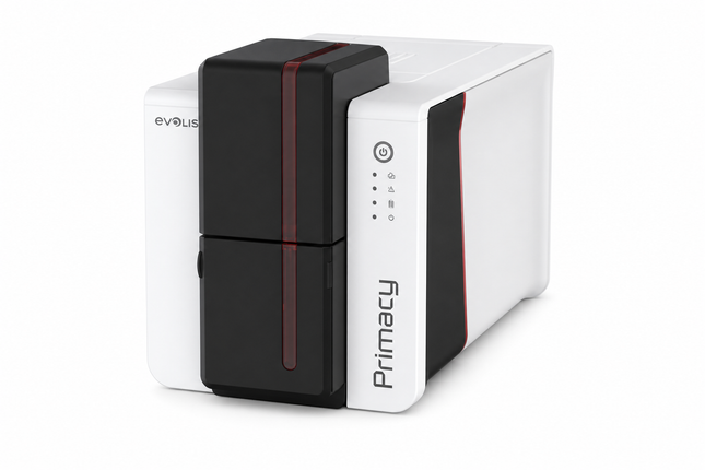 Evolis Primacy 2 desktop ID card printer with sleek white and black design for card printing