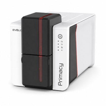 Evolis Primacy 2 desktop ID card printer with sleek white and black design for card printing