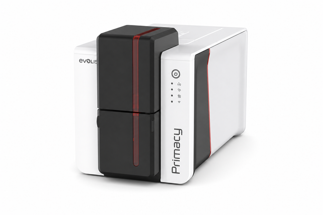 Evolis Primacy 2 desktop ID card printer with sleek white and black design for card printing
