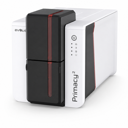 Evolis Primacy 2 desktop ID card printer with sleek white and black design for card printing