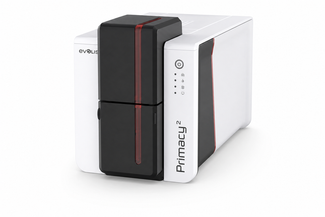 Evolis Primacy 2 desktop ID card printer with sleek white and black design for card printing