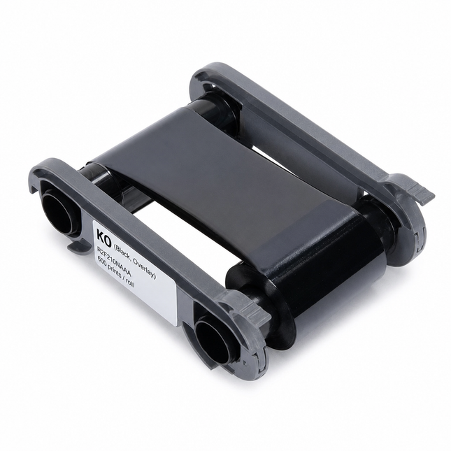 Black printer ribbon cartridge for ID card printers, isolated on white background