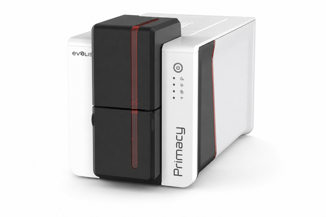 Evolis Primacy 2 desktop ID card printer with sleek white and black design for card printing