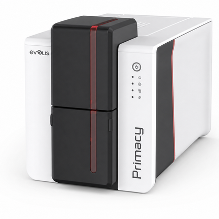 Evolis Primacy 2 desktop ID card printer with sleek white and black design for card printing