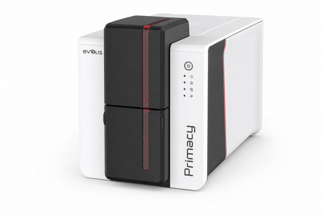 Evolis Primacy 2 desktop ID card printer with sleek white and black design for card printing