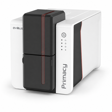 Evolis Primacy 2 desktop ID card printer with sleek white and black design for card printing