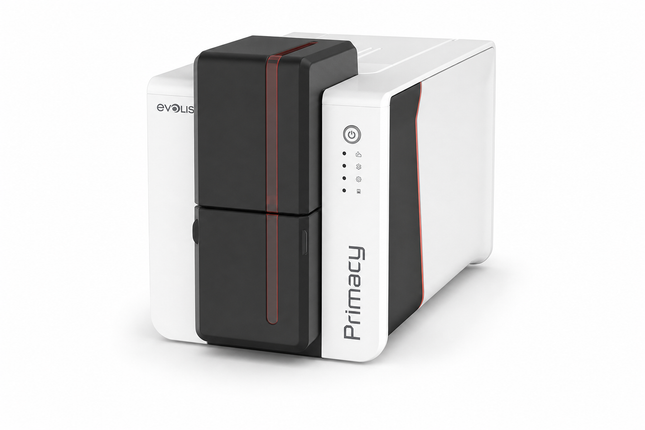 Evolis Primacy 2 desktop ID card printer with sleek white and black design for card printing
