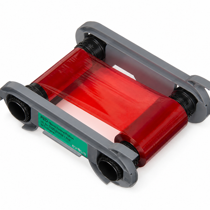Red printer ribbon cartridge for Evolis ID card printer supplies on white background