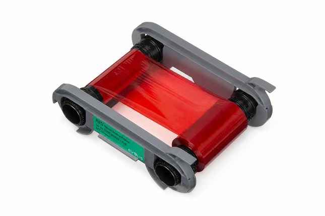 Red printer ribbon cartridge for Evolis ID card printer supplies on white background