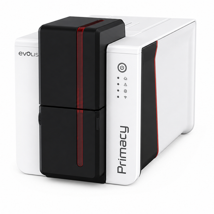 Evolis Primacy 2 desktop ID card printer with sleek white and black design for card printing